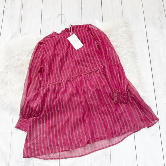 Sezane Robe Odile Silk Metallic Stripe Burgundy Dress French 34 US  2 - Picture 3 of 7